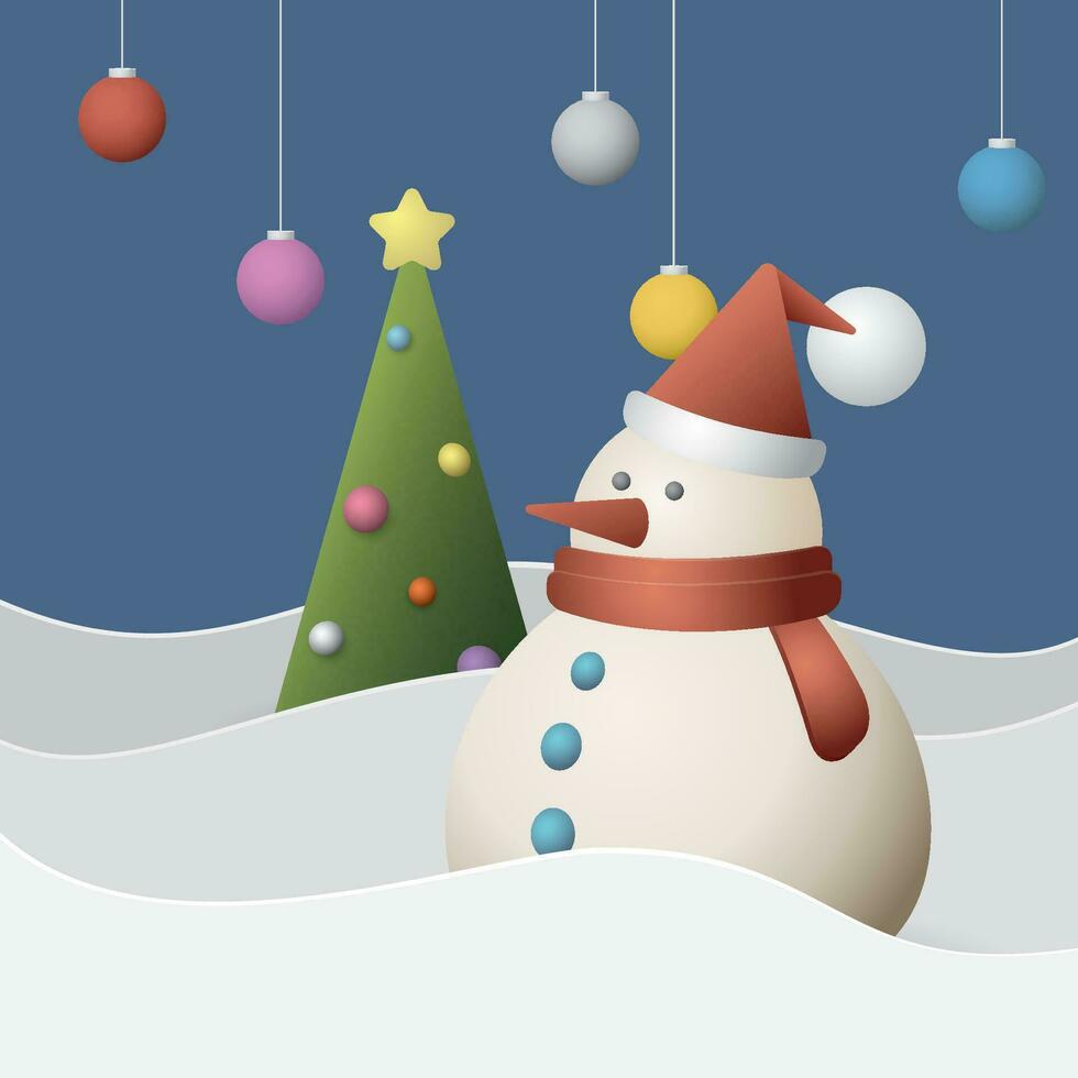 sneeuwman met versierd Kerstmis boom in sneeuw landschap Bij nacht meetkundig vormen 3d stijl vector illustratie. vrolijk Kerstmis en gelukkig nieuw jaar groet kaart sjabloon.