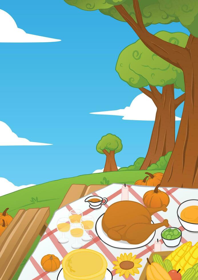 vector illustratie van een tafel gevulde met voedsel en drankjes naar vieren dankzegging