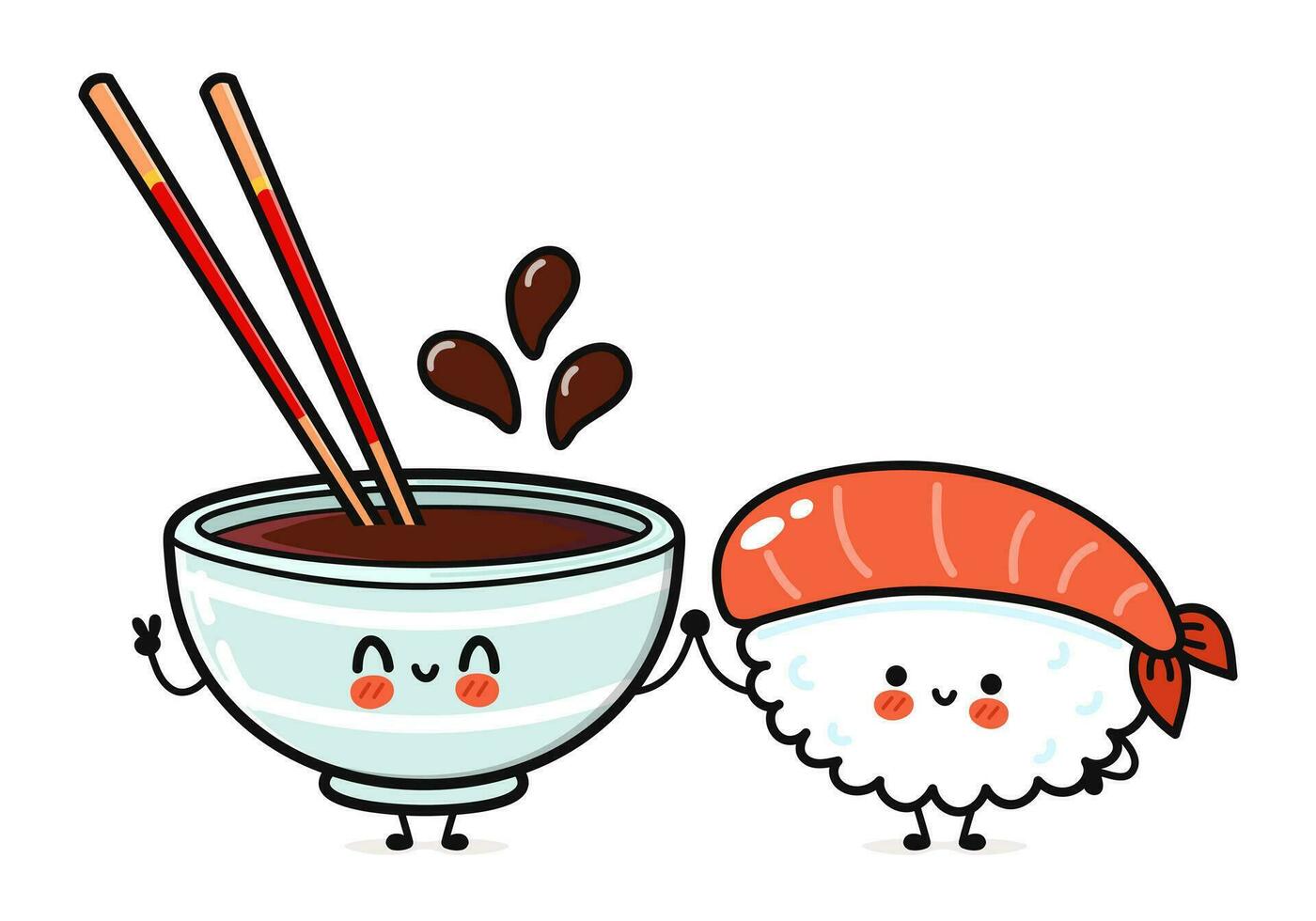 sushi en soja saus karakter. vector hand- getrokken tekenfilm kawaii karakters, illustratie icoon. grappig tekenfilm gelukkig sushi en soja saus vrienden
