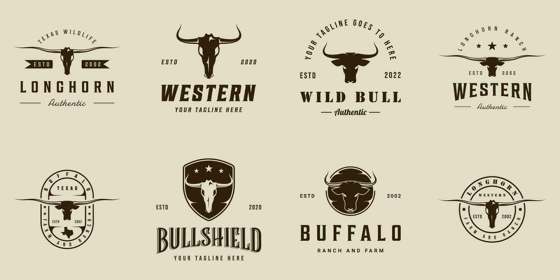 reeks van Longhorn of buffel logo wijnoogst vector illustratie sjabloon icoon grafisch ontwerp. bundel verzameling van divers hoofd van dier stier teken of symbool voor dieren in het wild of boerderij bedrijf
