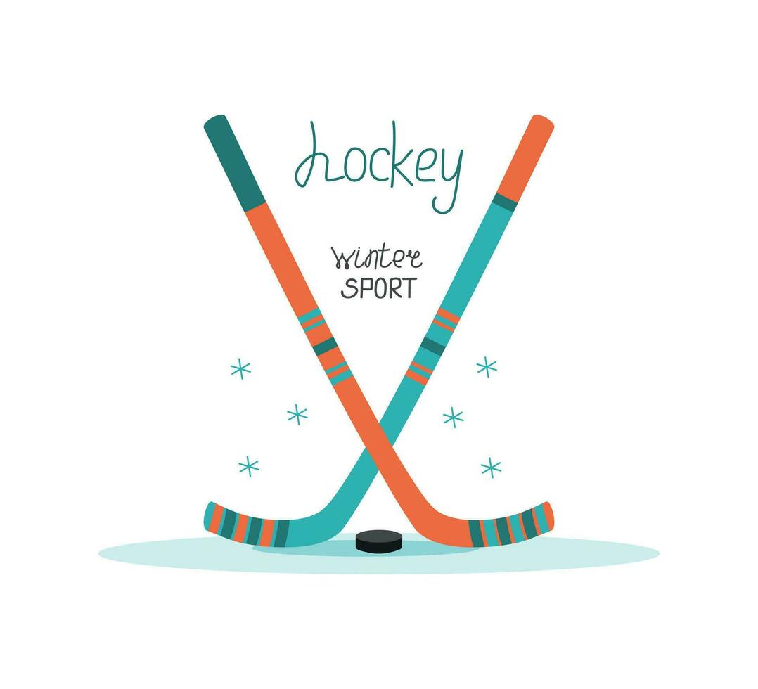 hockey stokjes en hockey puck. winter sport, winter seizoen. sport- apparatuur. sneeuw, sneeuwvlokken. actief gezond levensstijl. belettering, ondertekend vector illustratie, geïsoleerd achtergrond.