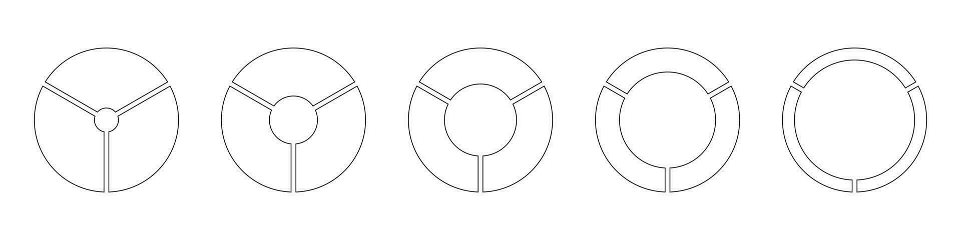 wielen ronde verdeeld, drie secties. diagrammen infographic set. cirkel sectie diagram lijn kunst. taart tabel gemakkelijk pictogrammen. schets donut grafieken, taarten gesegmenteerd Aan 3 Gelijk onderdelen. meetkundig vector elementen.