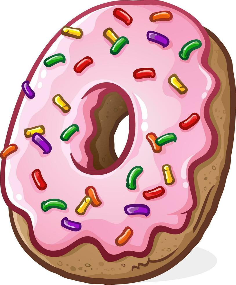 mollig heerlijk donut gedekt in roze aardbei suikerglazuur en regenboog hagelslag vector tekenfilm klem kunst
