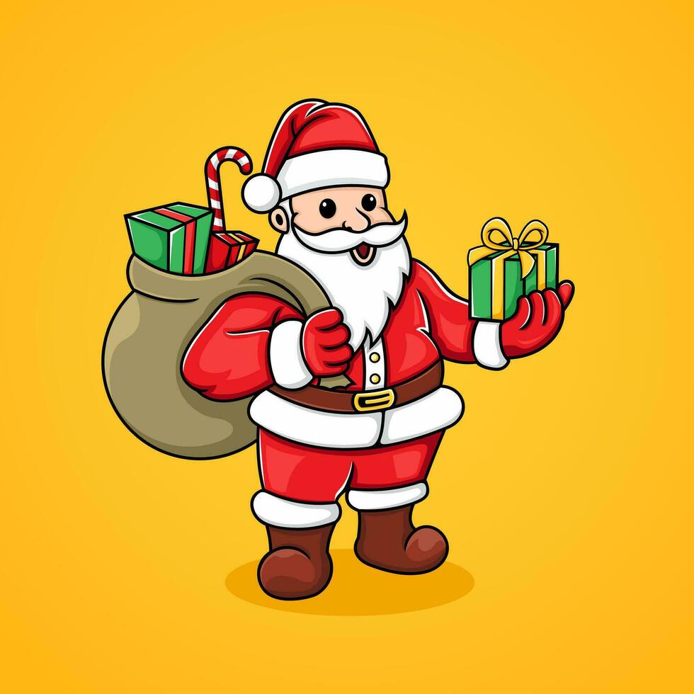 illustratie van de kerstman claus geven cadeaus en draag- geschenk Tassen. vector