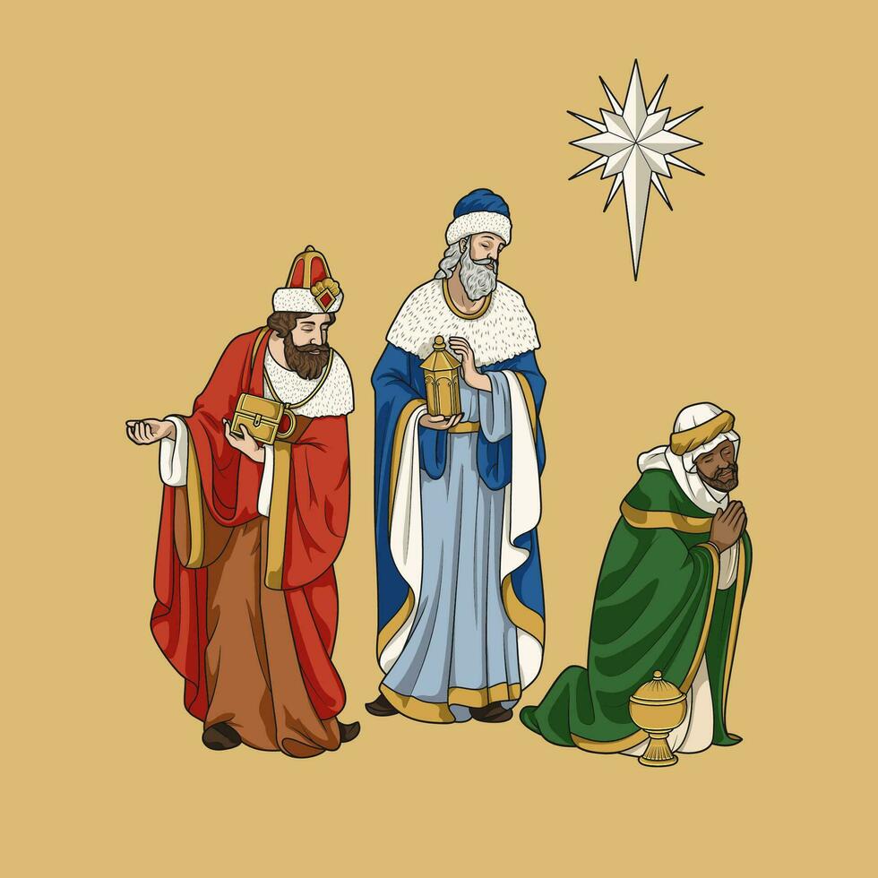 drie magi koningen, gaspar, Melchior, Balthazar, en ster in Kerstmis geboorte tafereel kleurrijk vector illustratie
