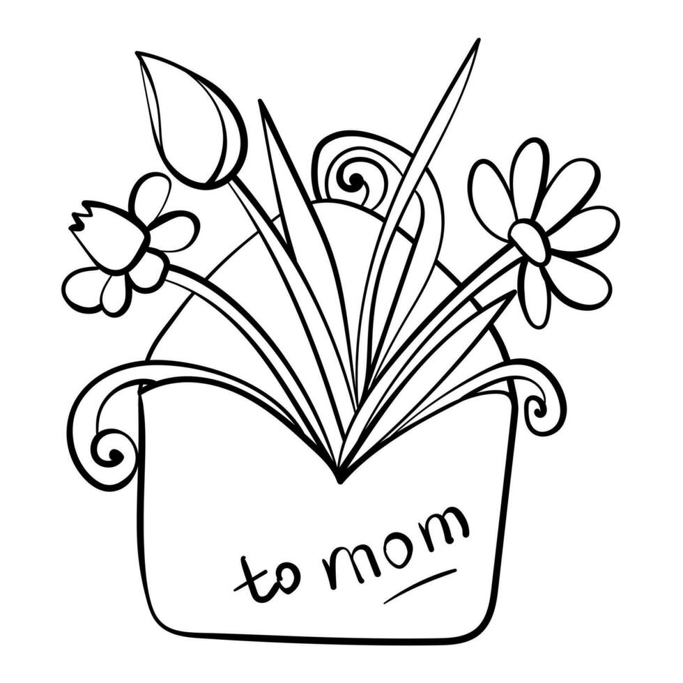 gemakkelijk moeder dag kaart, kinderen kleur bladzijde met enveloppen en voorjaar boeket vector