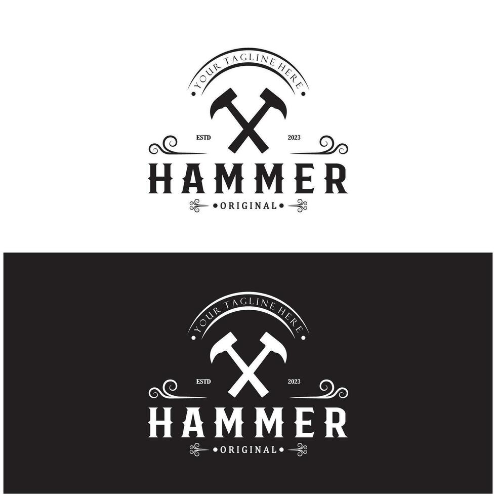 retro wijnoogst gekruiste hamer en nagel logo voor huis reparatie Diensten, timmerwerk, insignes, Bouwers, houtbewerking, bouw, vector