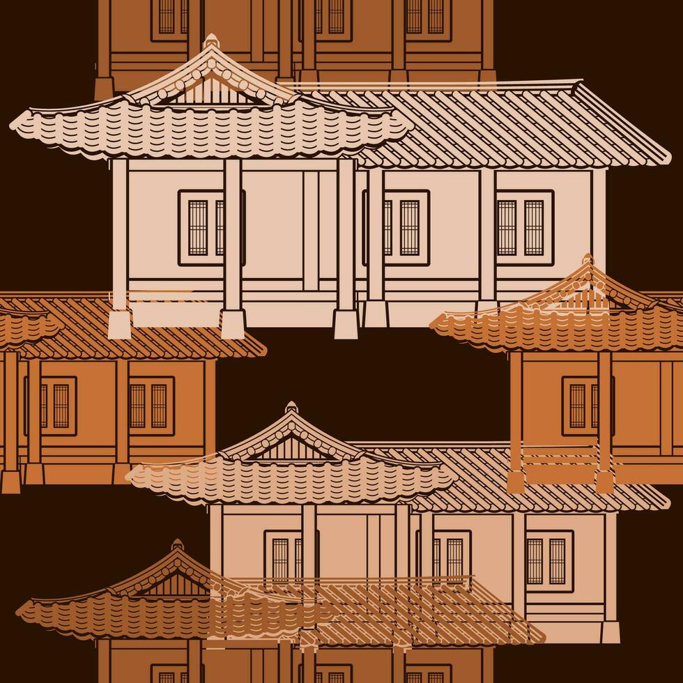 bewerkbare traditioneel Hanok Koreaans huis gebouw vector illustratie net zo naadloos patroon met donker achtergrond voor decoratief element van oosters geschiedenis en cultuur verwant ontwerp