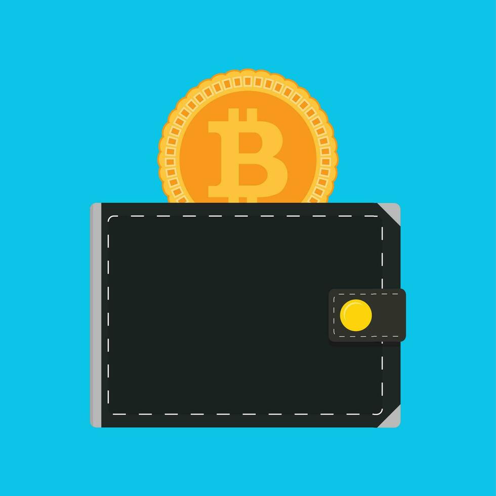 bitcoin portemonnee geïsoleerd vlak. vector portemonnee met geld bitcoin, gouden munt financiën technologie illustratie