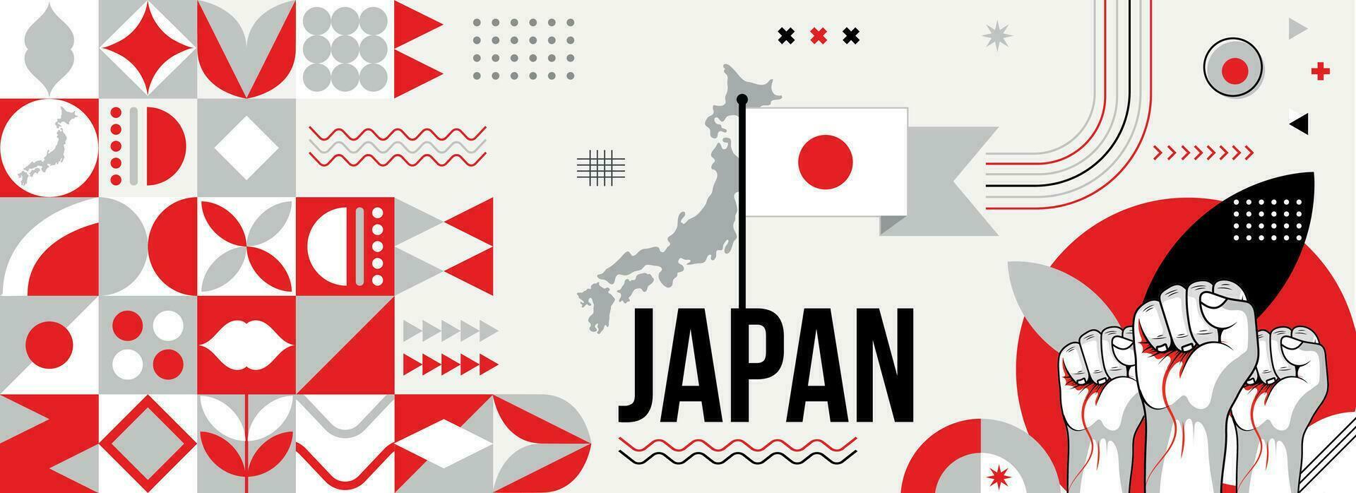 Japan nationaal of onafhankelijkheid dag banier voor land viering. vlag en kaart van Japan met verheven vuisten. modern retro ontwerp met typografie abstract meetkundig pictogrammen . vector illustratie.