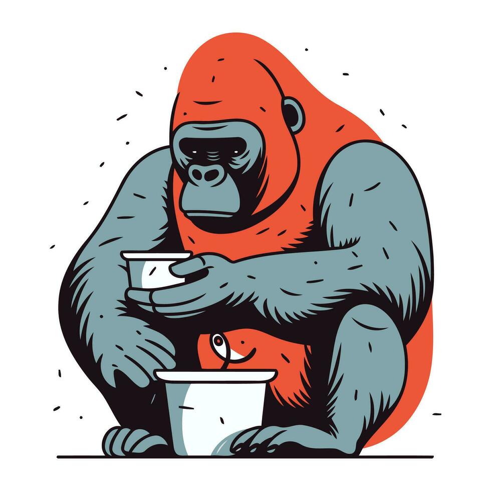 gorilla met een kop van koffie. vector illustratie in tekenfilm stijl.