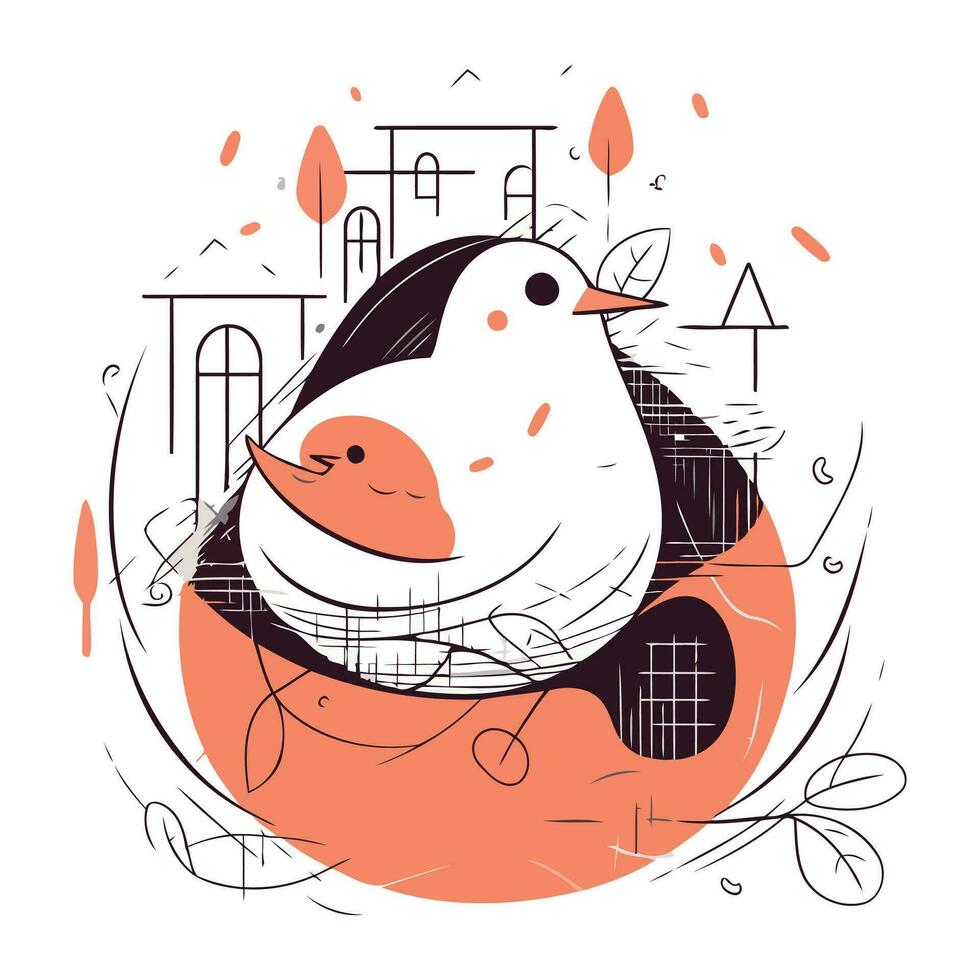 vector illustratie van een schattig pinguïn Aan de achtergrond van de stad.