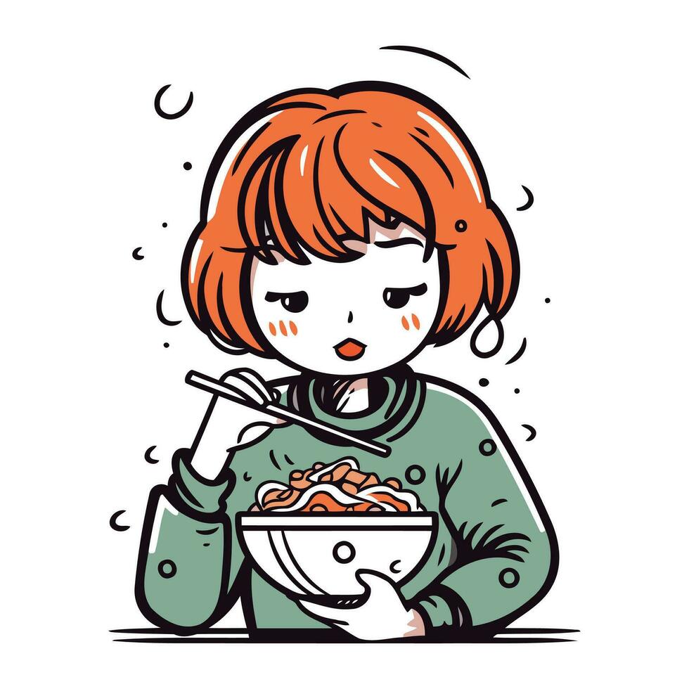 meisje aan het eten een kom van noodle met eetstokjes. vector illustratie.
