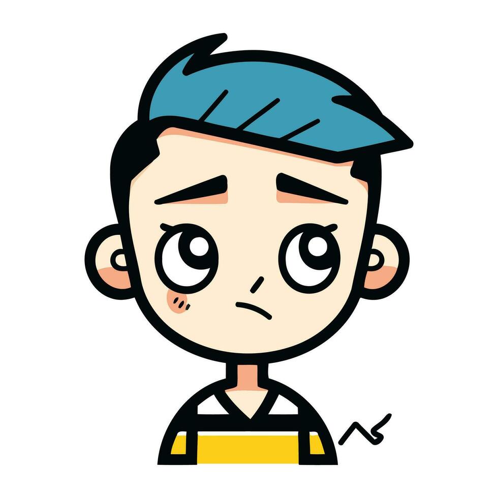 verdrietig jongen met blauw haar. vector illustratie in tekenfilm vlak stijl.