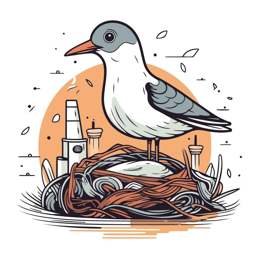 zeemeeuw Aan nest. vector illustratie in tekening stijl.