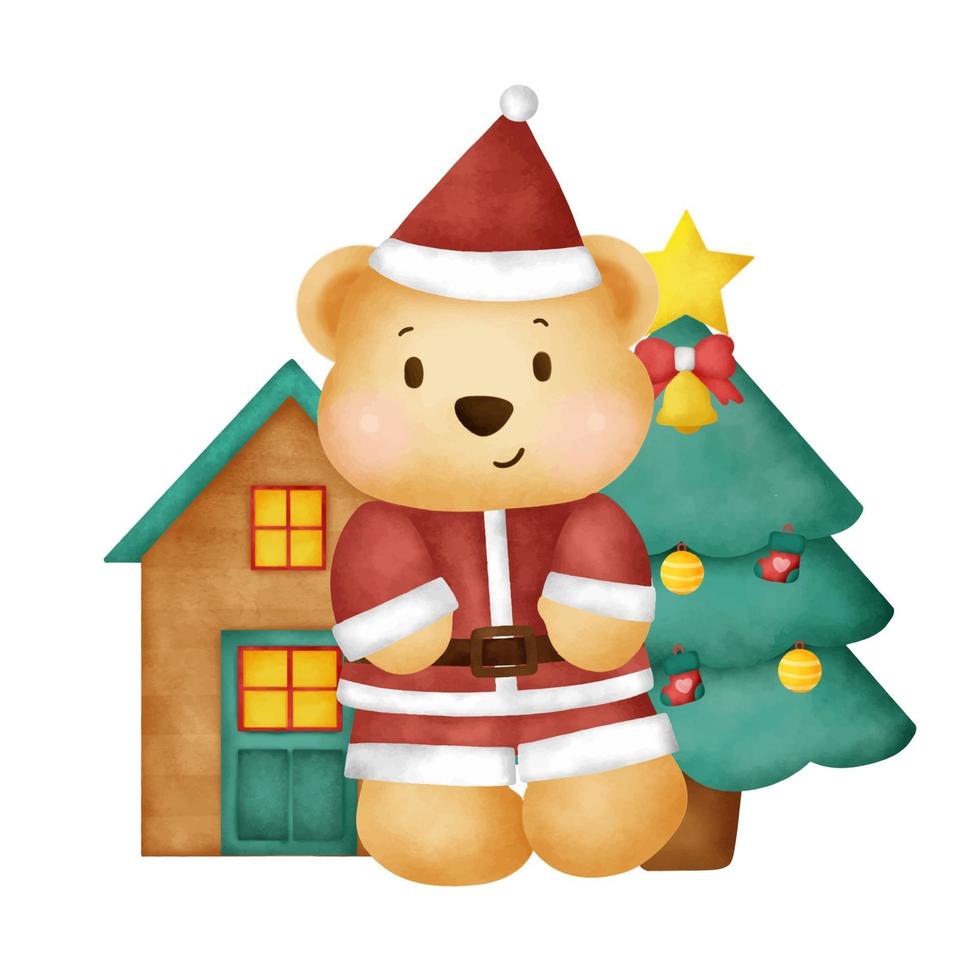 aquarel kerstkaart met schattige teddybeer. vector