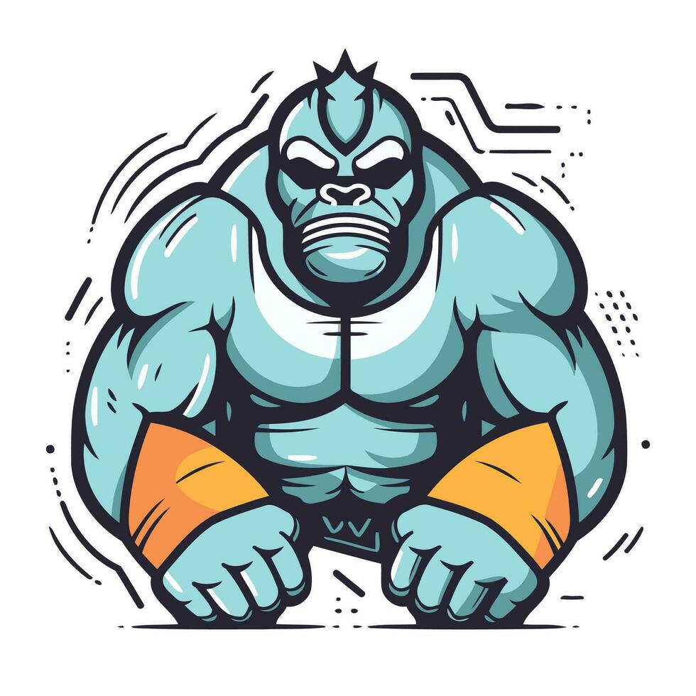 mascotte illustratie van een sterk gorilla mascotte met een oranje en blauw achtergrond vector
