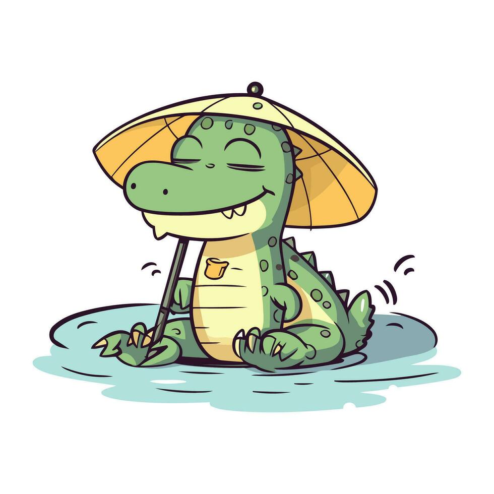 schattig krokodil in de regen. vector illustratie Aan wit achtergrond.
