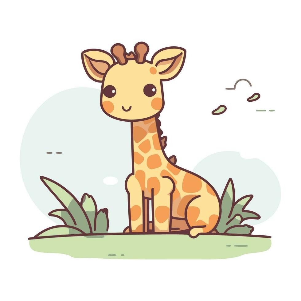 schattig tekenfilm giraffe zittend Aan de gras. vector illustratie.