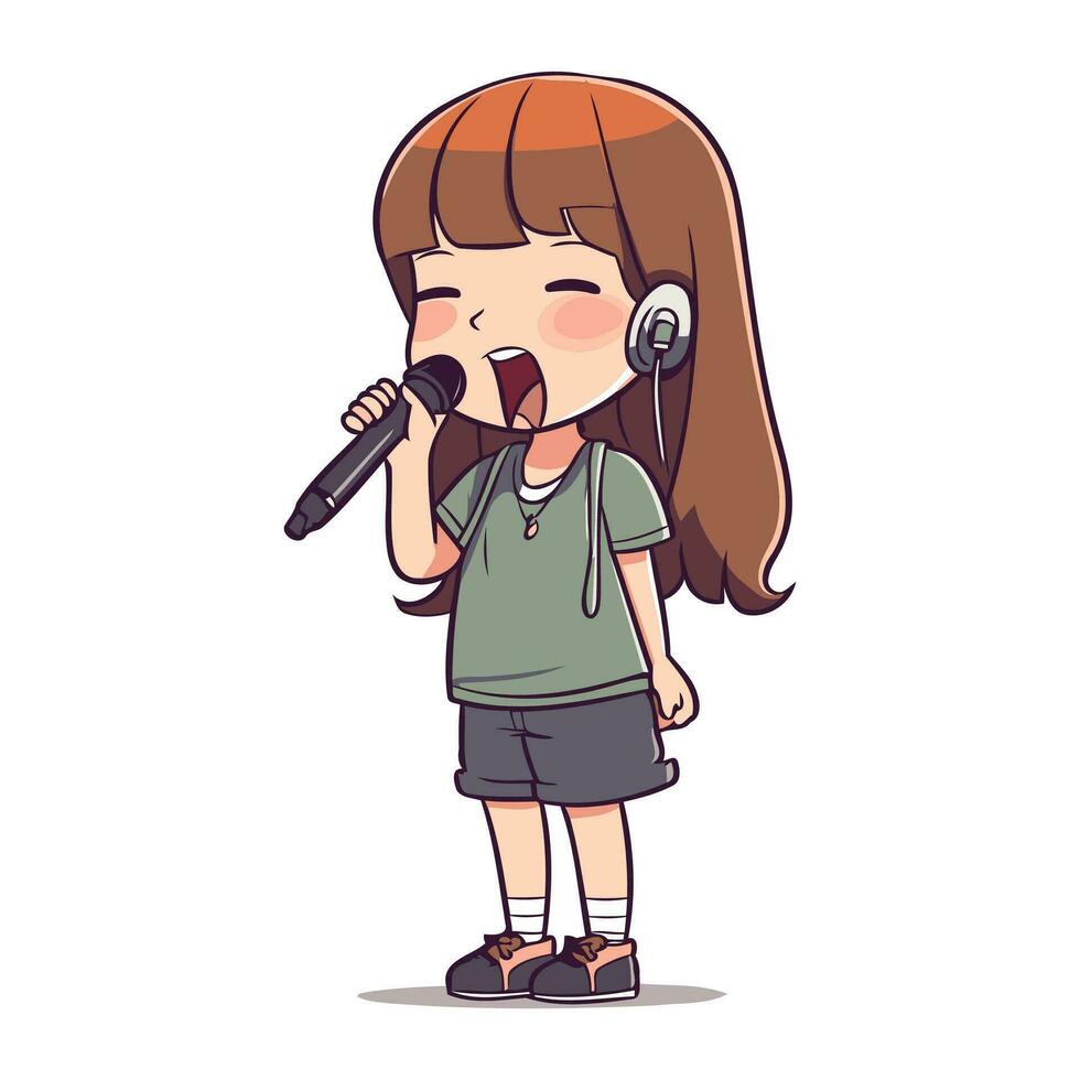 schattig weinig meisje het zingen karaoke met microfoon. vector illustratie.