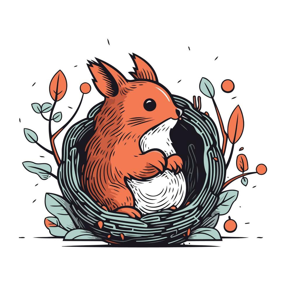 schattig eekhoorn zittend in de nest. hand- getrokken vector illustratie.