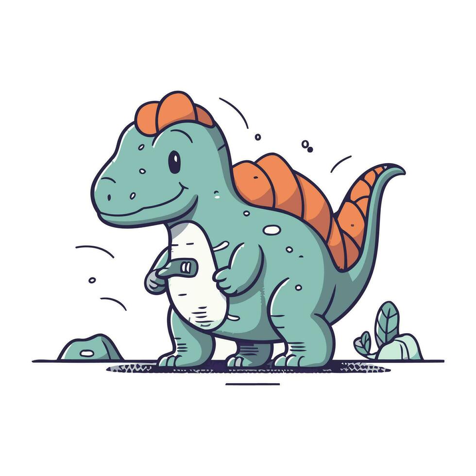 schattig dinosaurus met een melk fles. vector illustratie in tekenfilm stijl.