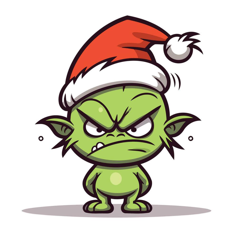 boos tekenfilm monster in een de kerstman claus hoed. vector illustratie.