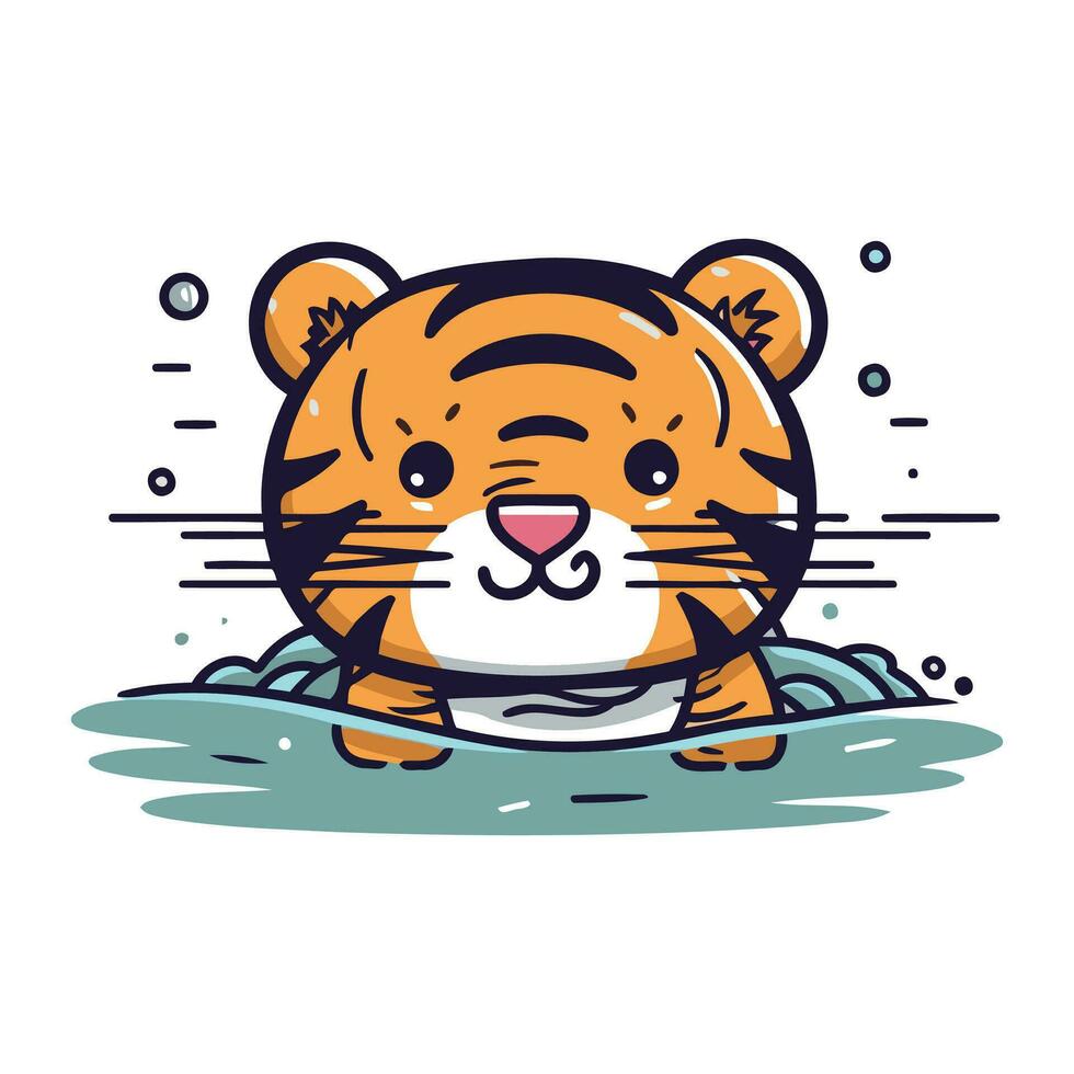 schattig tijger zwemmen in de water. vector illustratie in tekenfilm stijl.