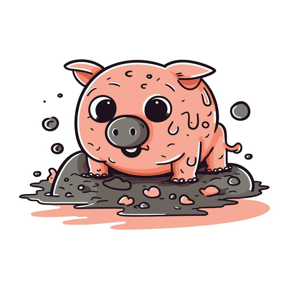 schattig varken in modder. vector illustratie van een tekenfilm varken.