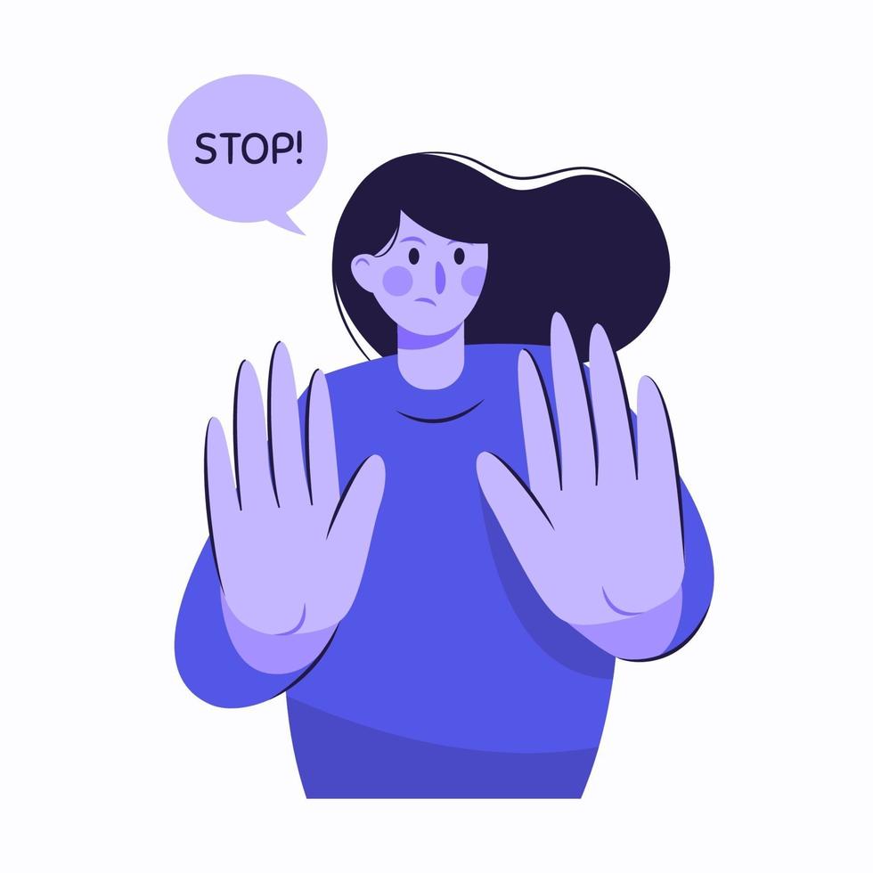 jong meisje zegt stop met beide open handpalmen in plat ontwerp vector