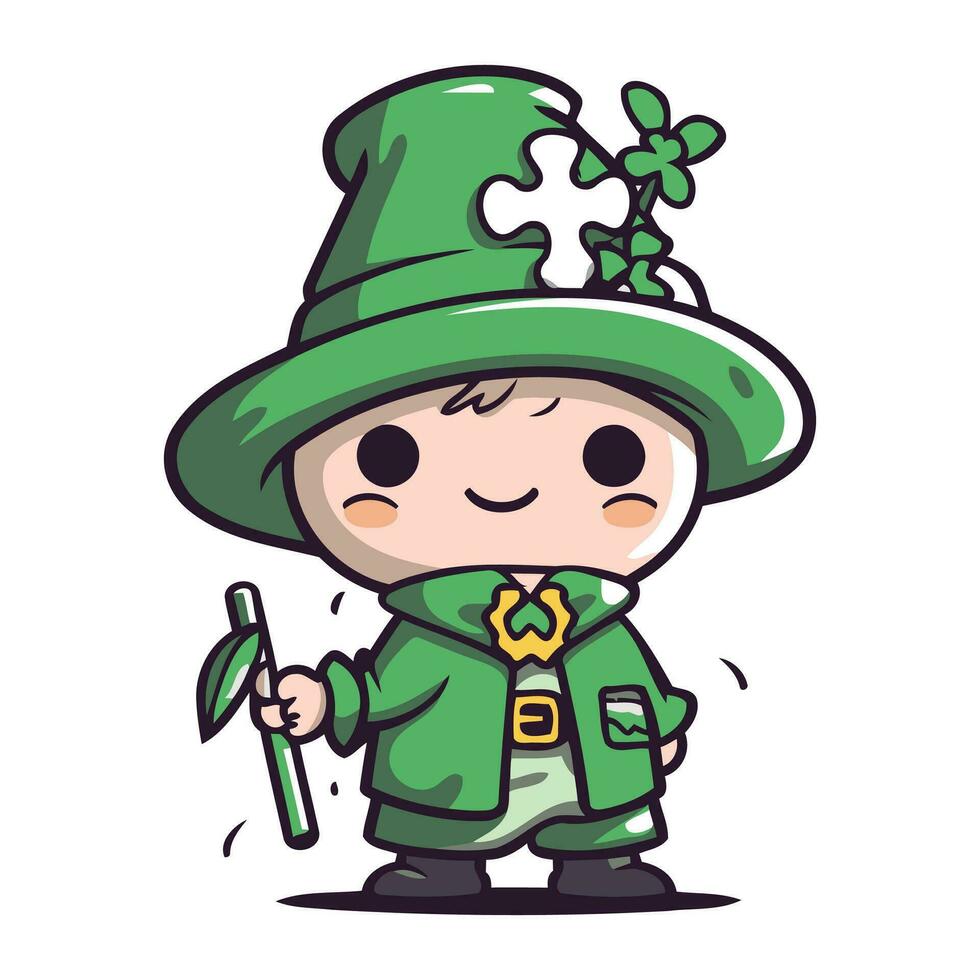schattig jongen in groen elf van Ierse folklore kostuum. vector illustratie.