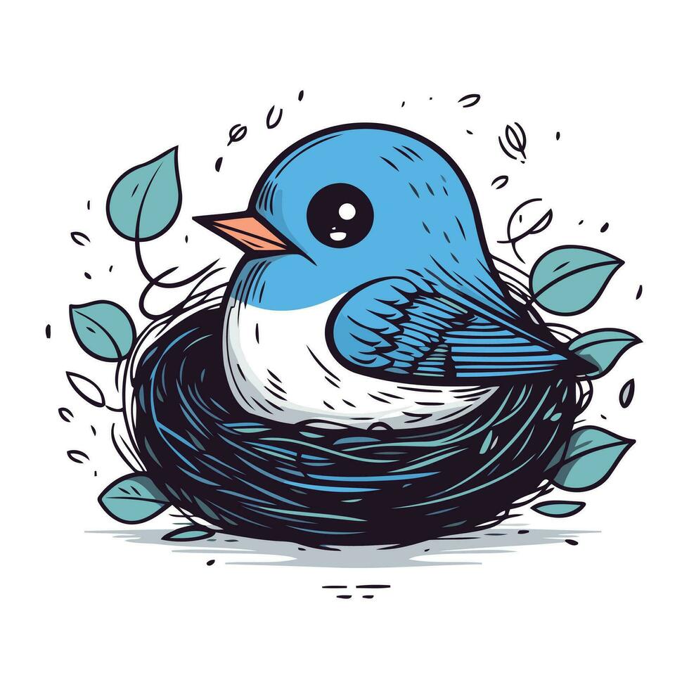 hand- getrokken vector illustratie van een schattig weinig vogel in een nest.