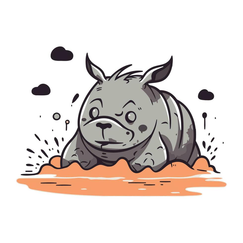 tekenfilm neushoorn in de modder. vector illustratie.