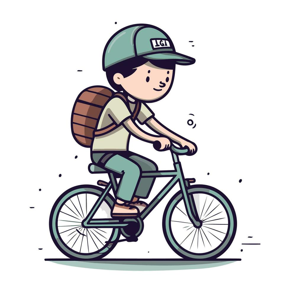 vector illustratie van een jongen rijden een fiets met een rugzak en pet