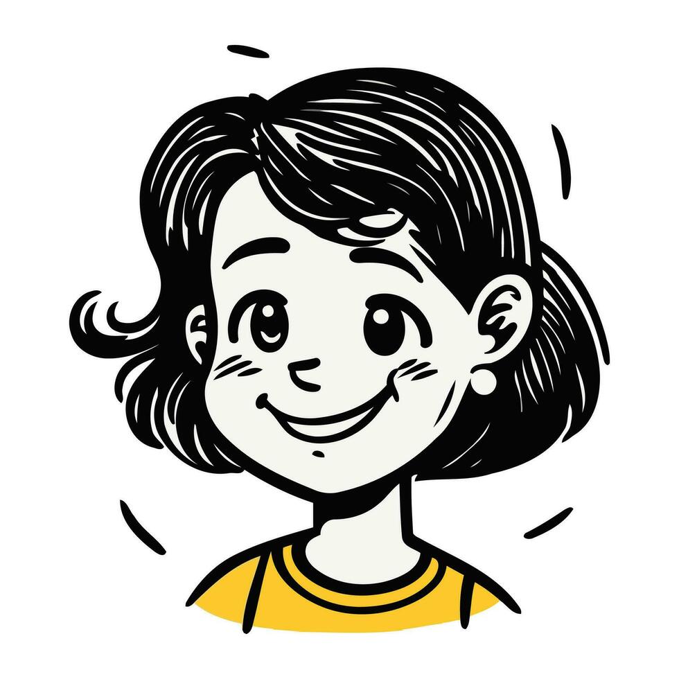 glimlachen meisje met lang haar- in een geel t shirt. vector illustratie