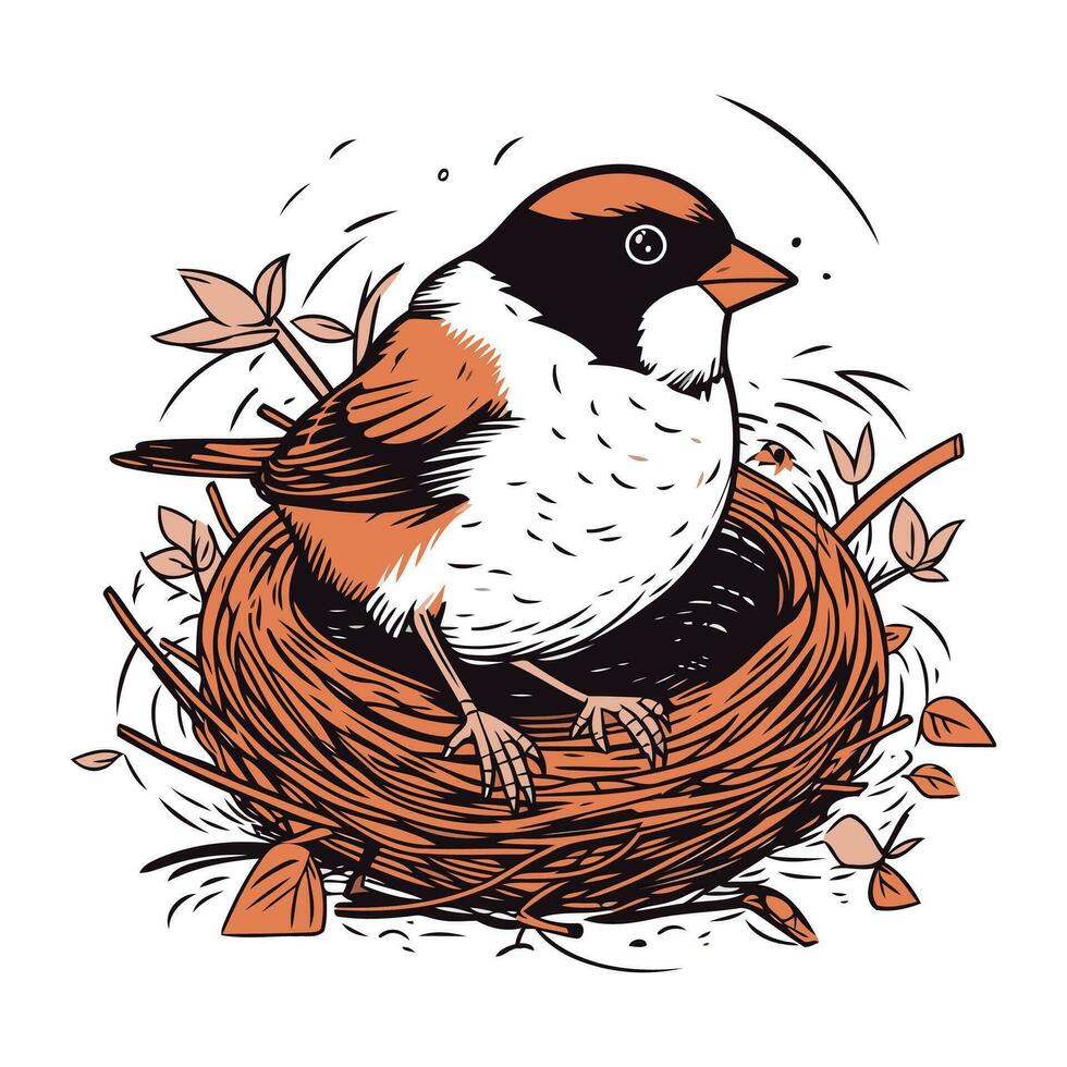 goudvink zittend in de nest. hand- getrokken vector illustratie.