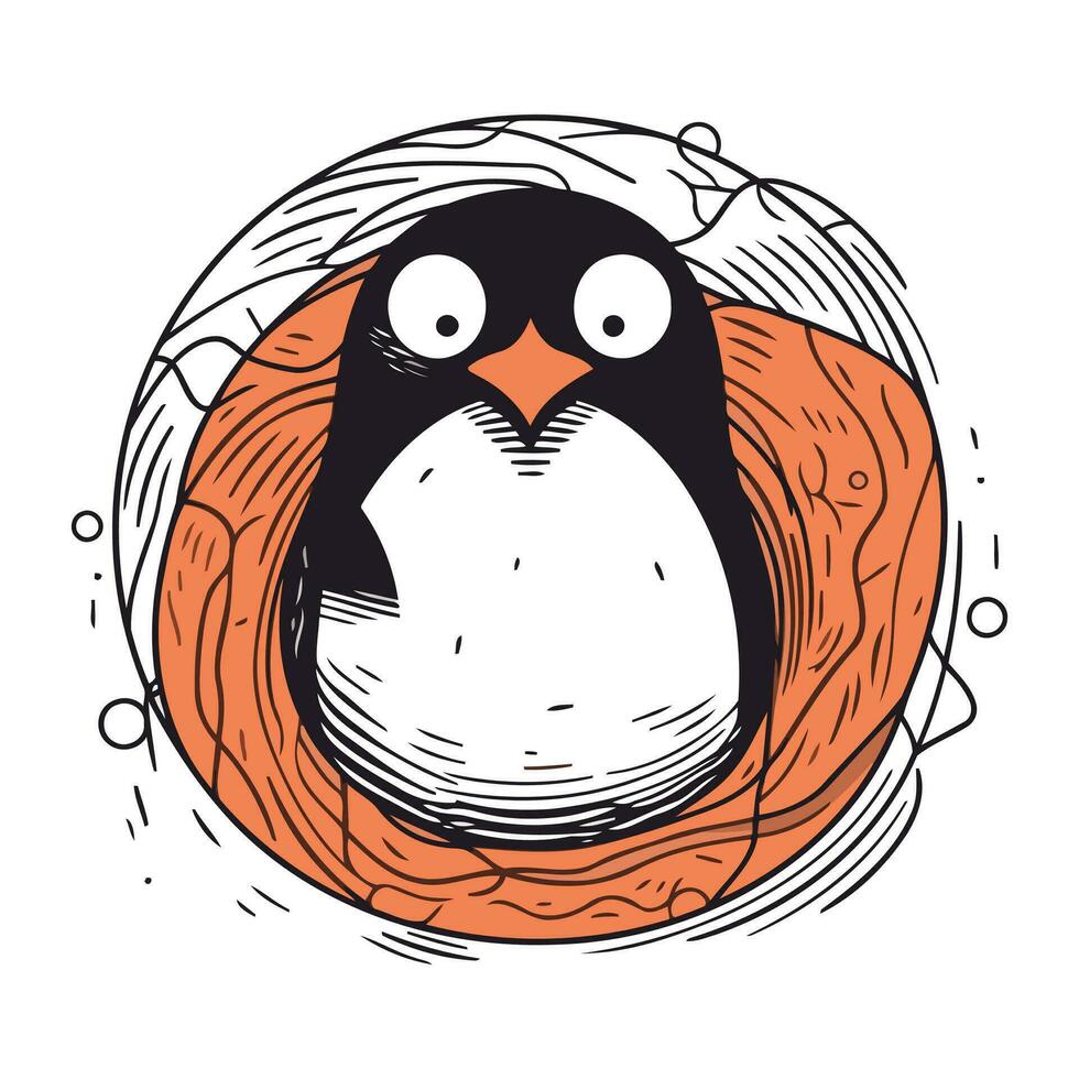 hand- getrokken vector illustratie van een schattig pinguïn in een nest.