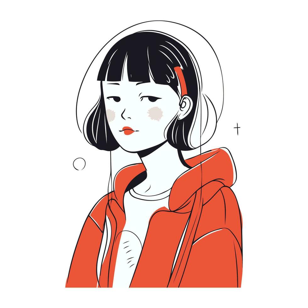 vector illustratie van een meisje in een rood jasje met hoofdtelefoons Aan haar hoofd