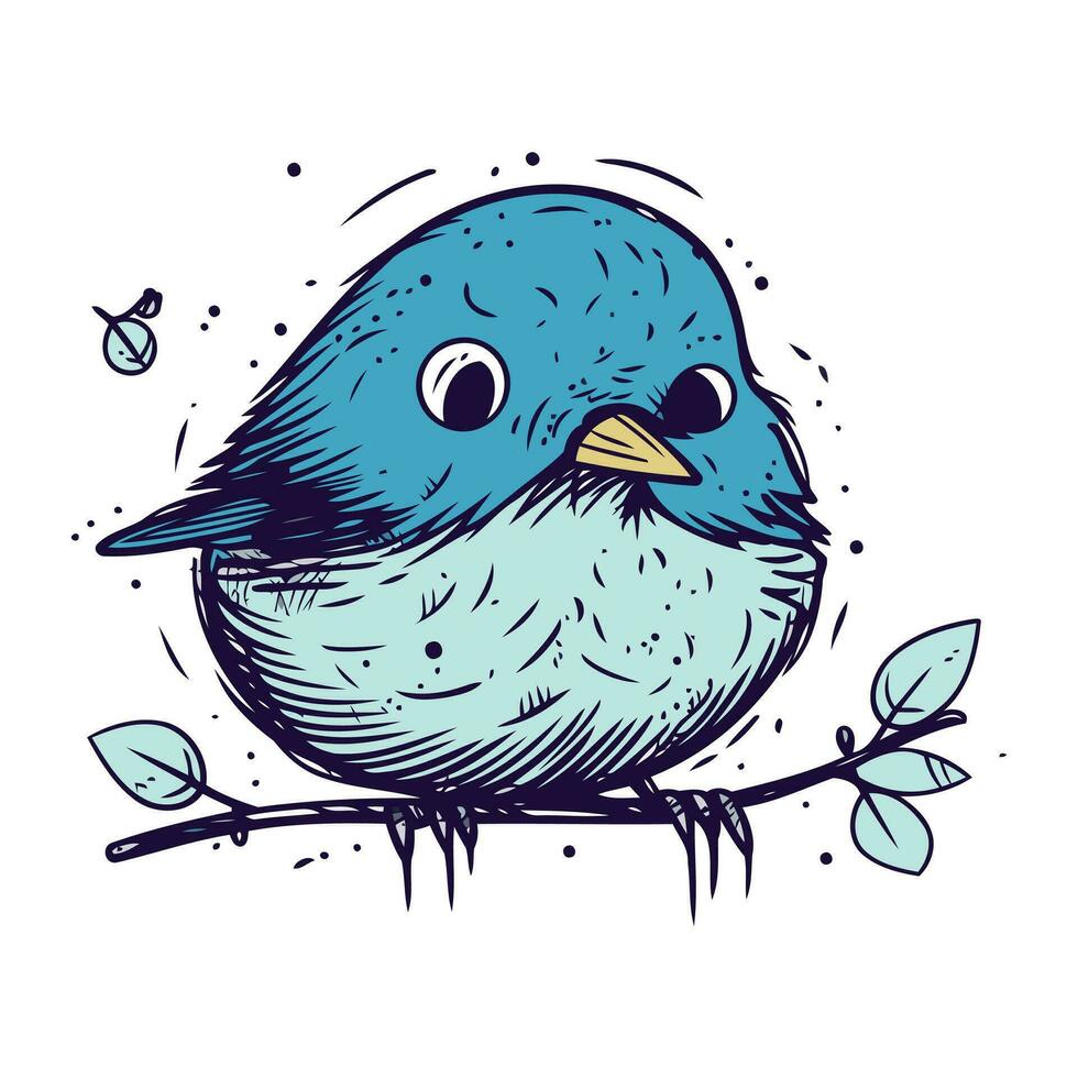 hand- getrokken vector illustratie van een schattig blauw vogel zittend Aan een Afdeling.