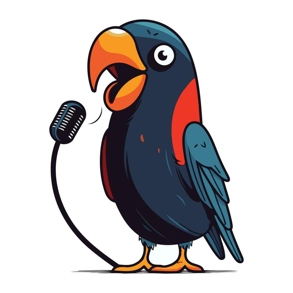 vector illustratie van een schattig tekenfilm papegaai het zingen in een microfoon.