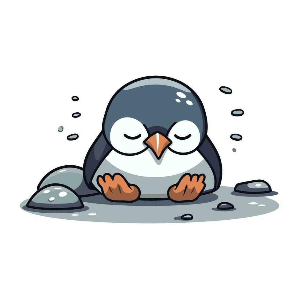 schattig pinguïn slapen Aan de rotsen. vector tekenfilm illustratie.