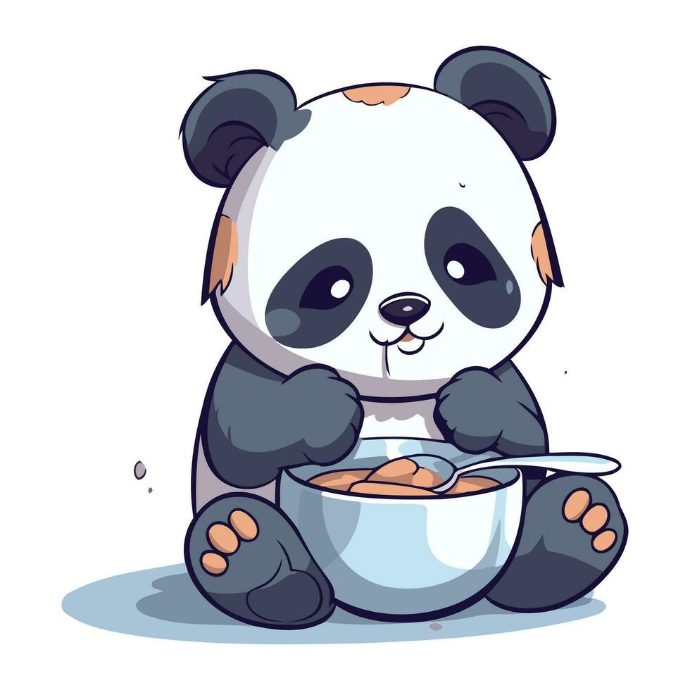illustratie van een schattig tekenfilm panda aan het eten een kom van voedsel vector