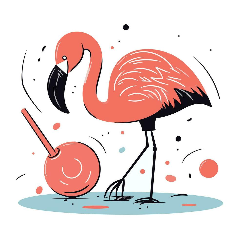 flamingo met een bal. vector illustratie in vlak stijl.
