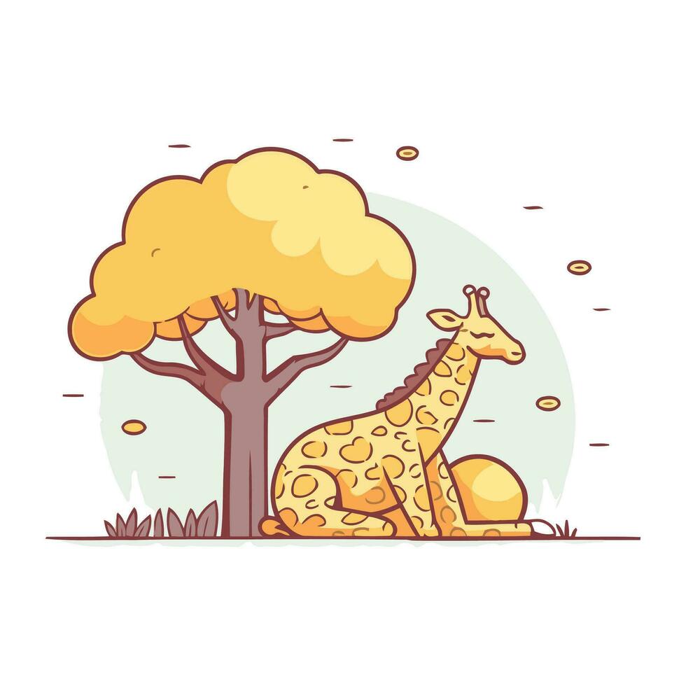 giraffe zittend onder een boom. vector illustratie in tekenfilm stijl.