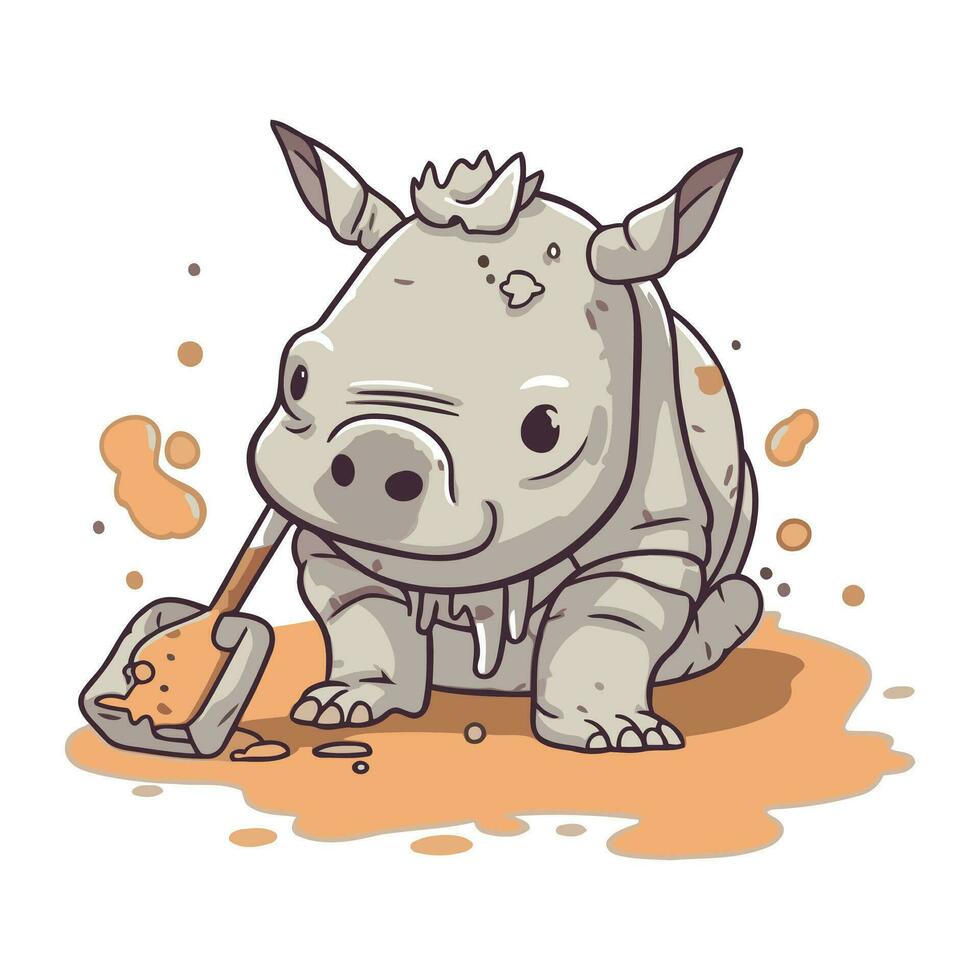 tekenfilm neushoorn met een Schep. vector illustratie.