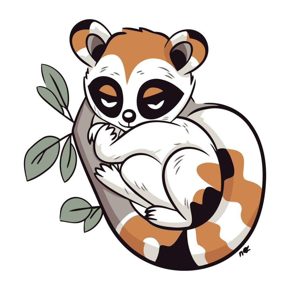 vector illustratie van een schattig lemur slapen Aan een katten poot