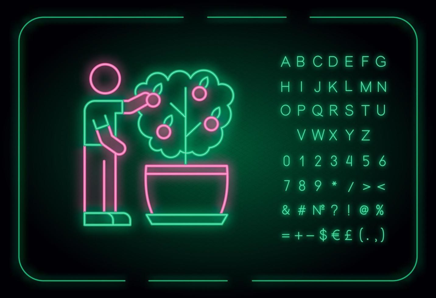 fruit verzamelen van mini-citrusboom neonlichtpictogram vector