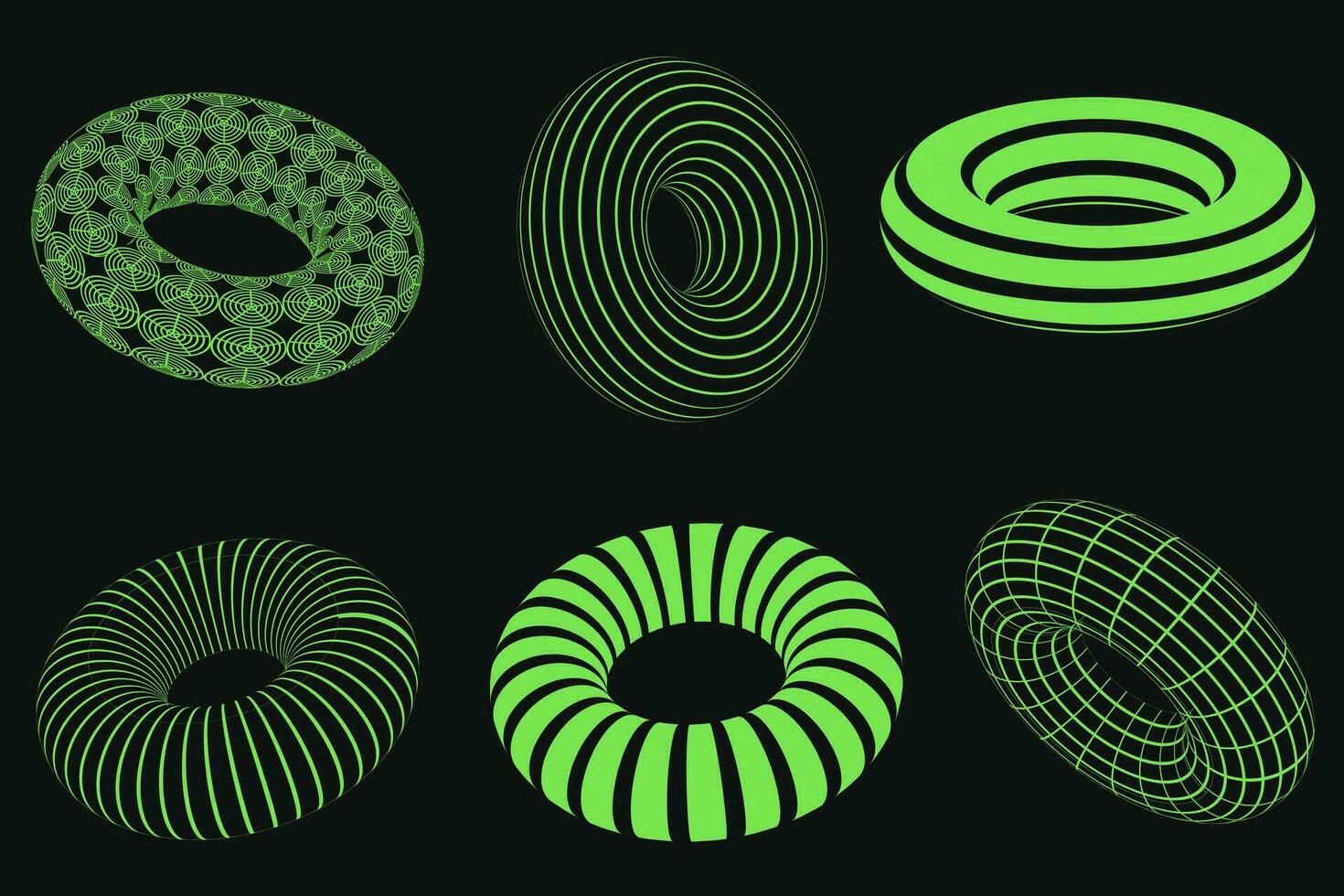3d neon wireframe figuren. cyber neo-futuristisch 3d voorwerpen en vormen. kader golvend meetkundig perspectief donut vorm geven aan. 80s cyberpunk elementen, vector set.