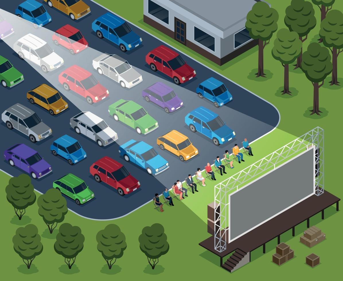 isometrische bioscoop buitenshuis compositie vector