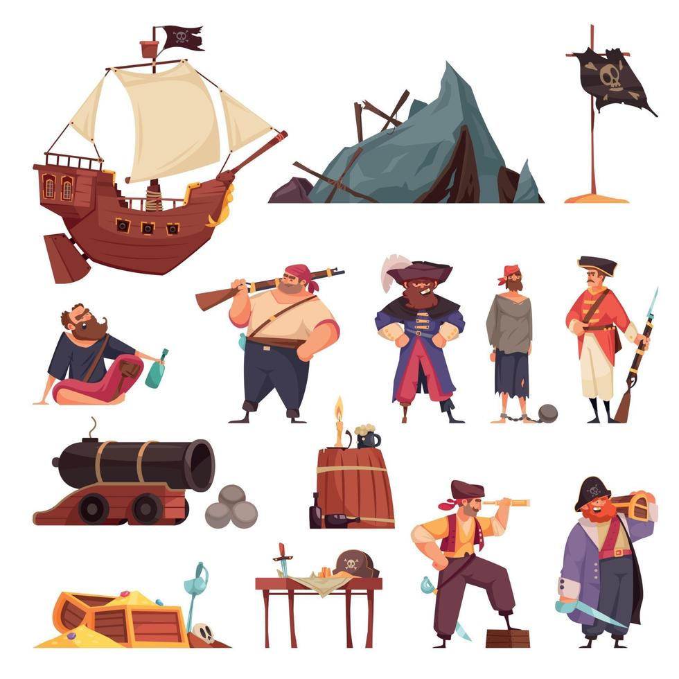 piraat cartoon pictogrammenset vector